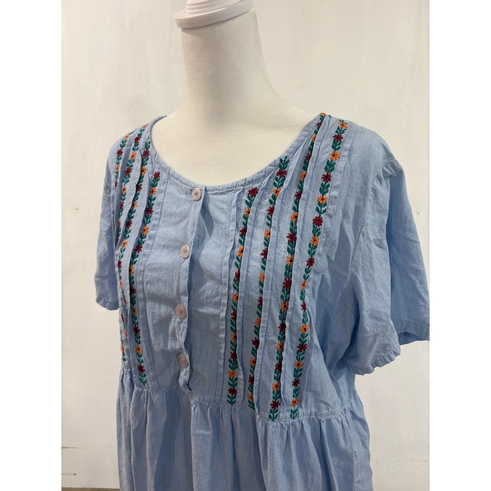 Vintage Amanda Stewart Blue Cotton Embroidered Pintuck Midi Dress Large L